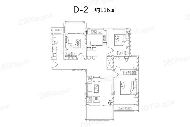 D-2户型  3室2厅2卫1厨
